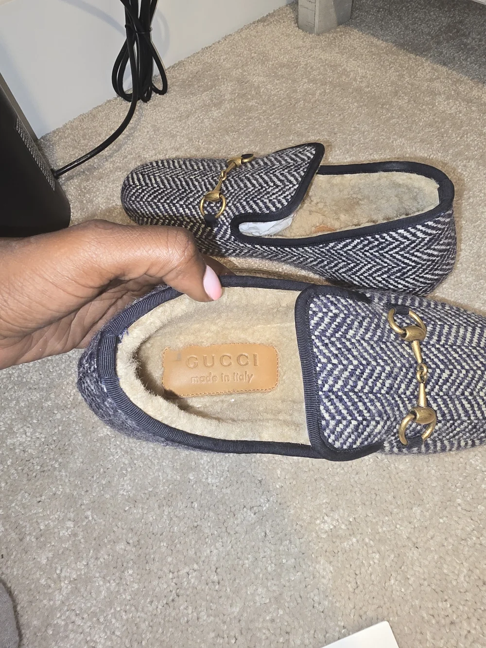 Gucci Navy & Cream Herringbone Leather-Trim Horsebit Loafers UK6